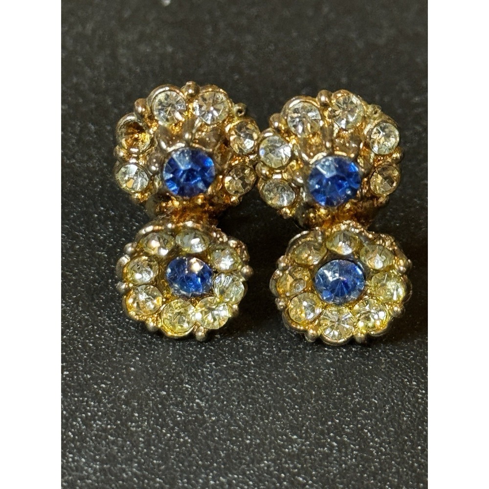 Vintage Screw Back Rhinestone Earrings Gold Tone Blue Clear Rhinestones 1940s